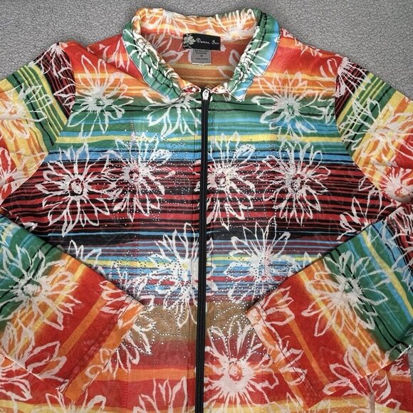 Damee Inc Jacket Womens Medium Rainbow Floral Mesh Studded Zip Stretch Vintage - Picture 1 of 13